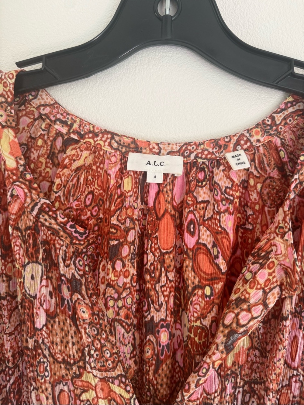 A.L.C. Multicolor Abstract Floral Peasant Top in Coral and Pink